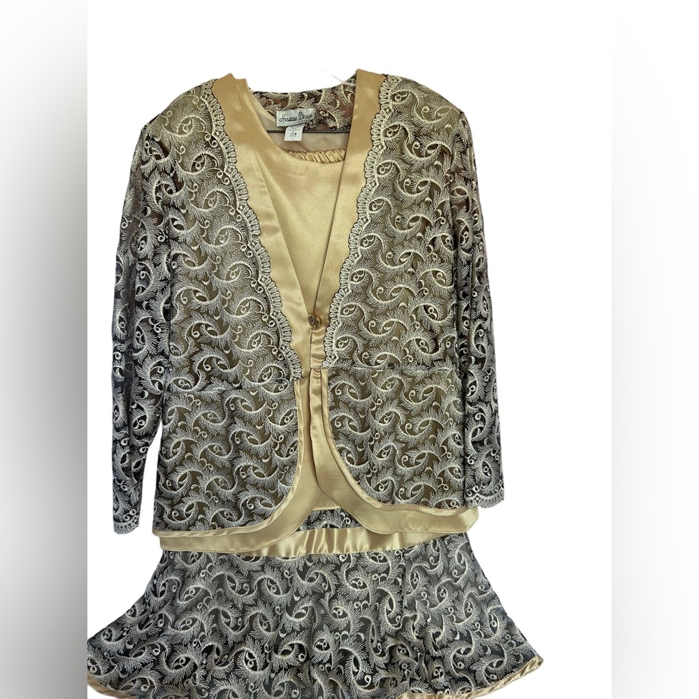 Hosanna Design 3 Pc Formal Skirt, Shell Jacket Set Gold & Embroidered Mesh L